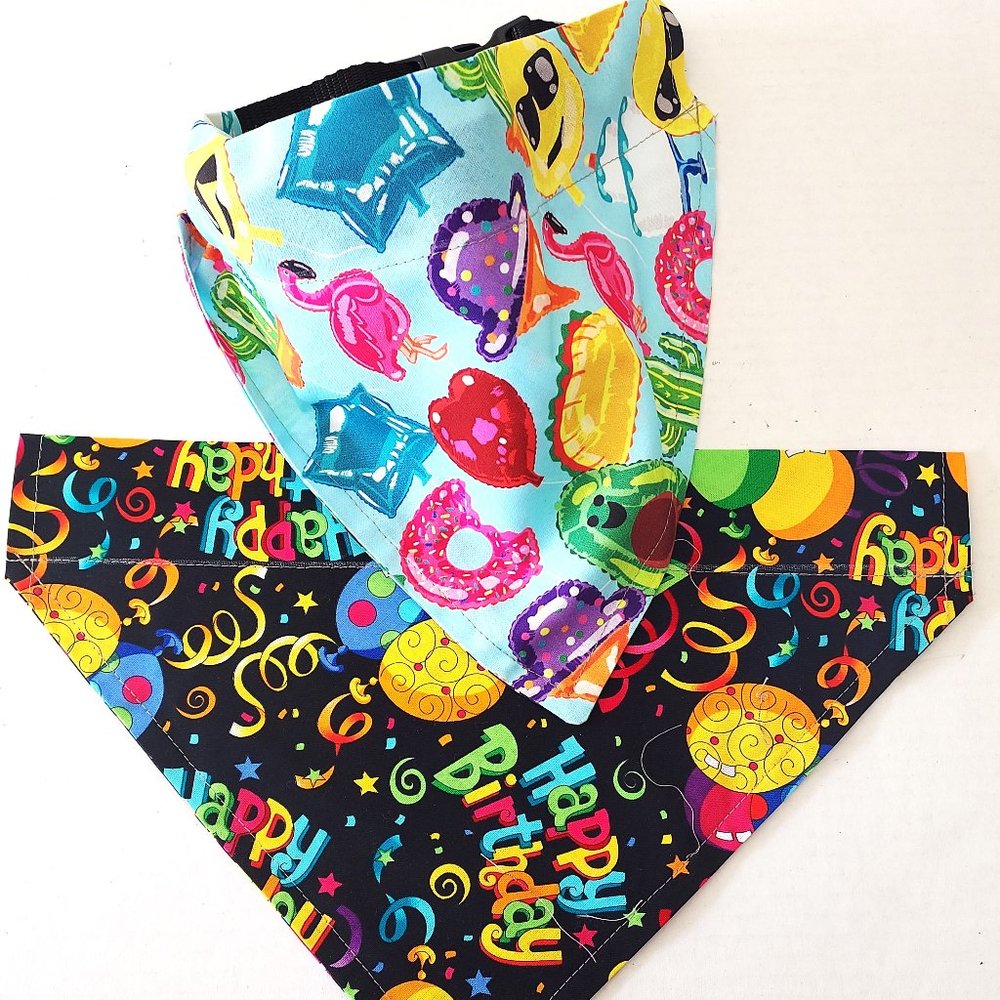 Dog Bandana Slips Over the Collar  Set of two Birthday party Pattern 100% Cotton